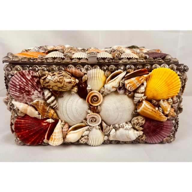 Large Multi Colored Natural Sea Shell Covered Box-Hinged For Sale In West Palm - Image 6 of 10