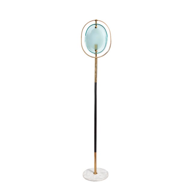 Brass and Black Lacquered Metal Frame Floor Lamp with Marble Base and Glass in the style of Fontana Arte, 1960s For Sale - Image 3 of 6