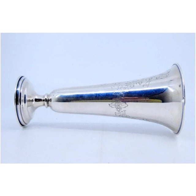 Metal Silver Vase with Floral Engravings and Circular Beaded Base For Sale - Image 7 of 9