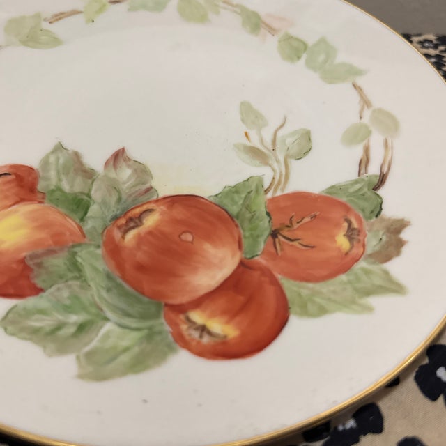 Traditional Painted Porcelain Plate Featuring an Apple Motif With a Gold-Trimmed Rim For Sale - Image 3 of 6