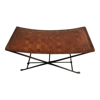 Pair (2) 1960s Industrial Leather and Iron Folding X-Base Ottomans For Sale