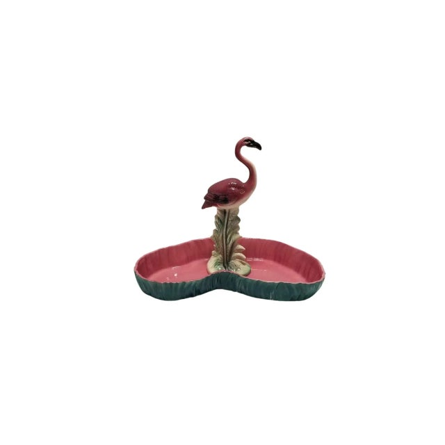 Mid Century Pink and Green Flamingo Ceramic Figurine in Flamingo Pool Tray. For Sale - Image 4 of 7