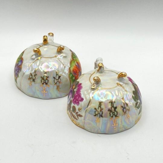 Pair of Kasuga Footed Iridescent Gilded Teacups (Handles, Fruit Design, Lusterware) Vintage For Sale - Image 14 of 16