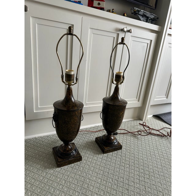 Metal Vintage Neoclassical Handpainted Tole Table Lamps, a Pair For Sale - Image 7 of 9