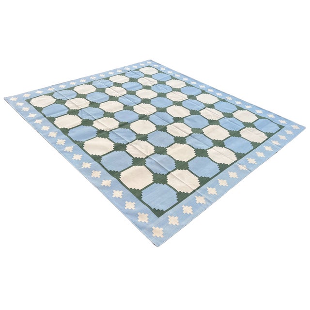 Mid-Century Modern Not Yet Made - Made To Order Handmade Cotton Rug Vegetable Dyed Sky Blue and Green Tile Pattern Gingham Dhurrie - 8'x10' For Sale - Image 3 of 11