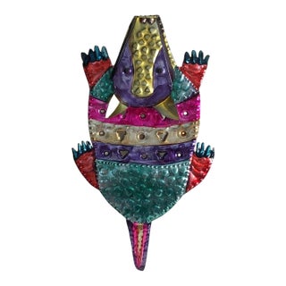 Mexican Painted Punched Tin Folk Art Armadillo Candle Holder Wall Mount Shelf Sitter For Sale