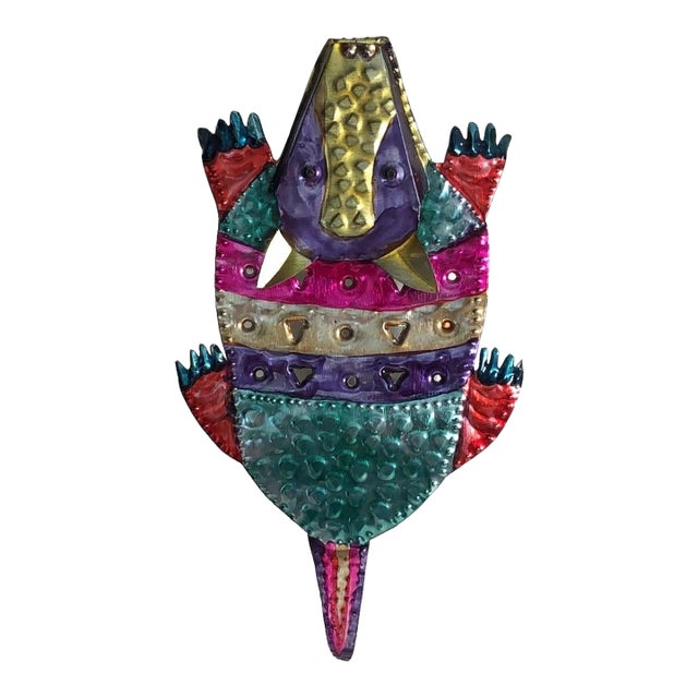 Mexican Painted Punched Tin Folk Art Armadillo Candle Holder Wall Mount Shelf Sitter For Sale