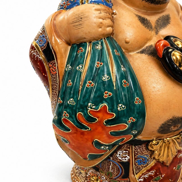 Vintage Japanese Moriage Happy Buddha Figurine Large Hand Painted Laughing Buddha Statue For Sale - Image 9 of 10