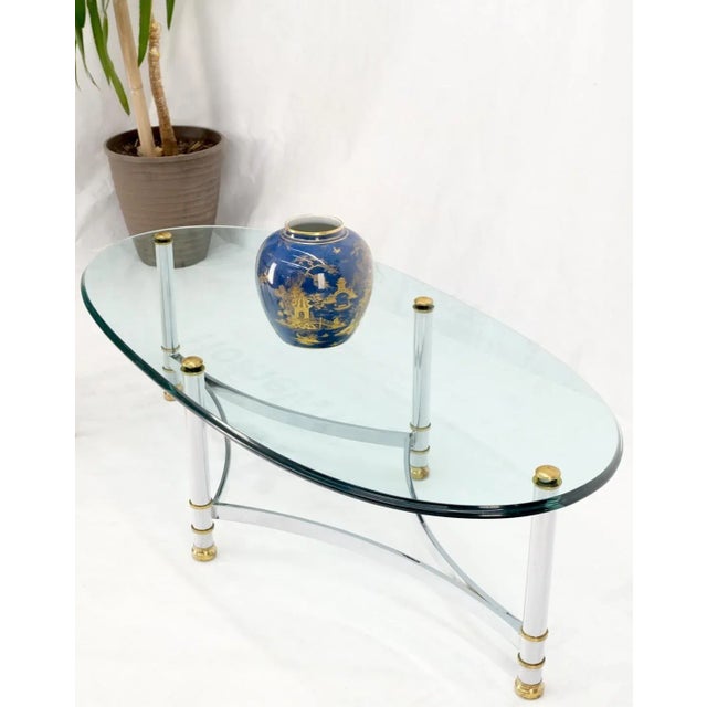 Brass chrome thick 3/4" glass top Mid-Century Modern oval coffee center table.