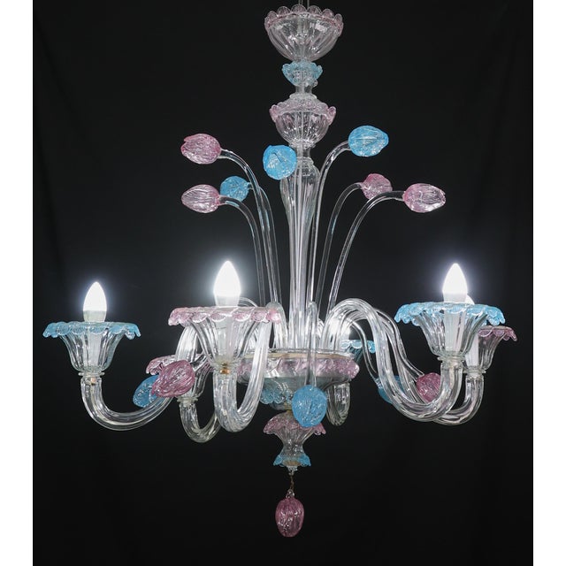 "Amsterdam" Large Size Vintage Pink and Blue Tulip Murano Glas Chandelier, 1970s For Sale - Image 13 of 14