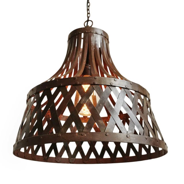 Farmhouse Vintage Iron Basket Strap Pendant Light For Sale - Image 3 of 11