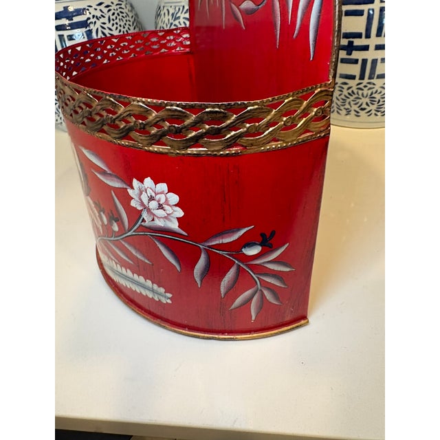 Late 20th Century Vintage Hand Painted Red Tole Floral Wall Pocket Planter Mailbox For Sale - Image 5 of 11