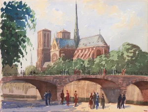 'Paris, Notre-Dame and Pont De L'Archevêché' by Julian Garnsey, 1961, Art Students League President, California Watercolor Society President