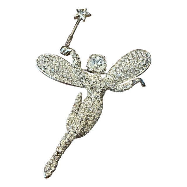 Vintage Signed KJL Rhinestone Fairy Godmother Brooch Pin With Star Wand For Sale