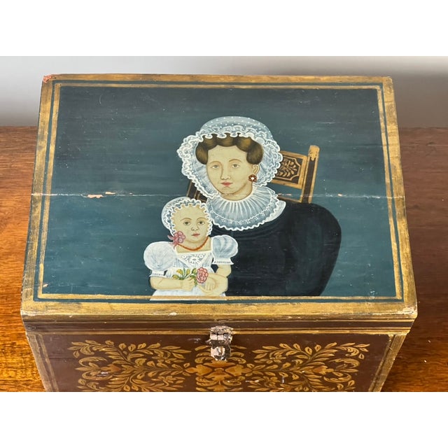 Antique New England Folk Art Painted Portrait Document Box, Mother & Child, C. 1840–1860 For Sale In Boston - Image 6 of 9