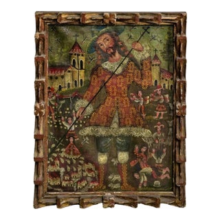Cuzco School Oil on Canvas Painting of San Isidoro, Antique, Framed For Sale