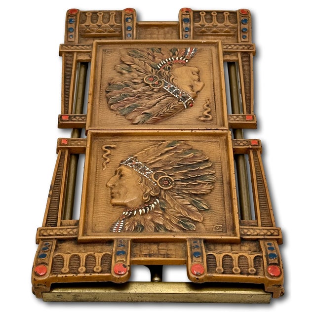 Unusual Antique 1910s Cast Iron American Indian Motif Telescoping Adjustable Size Bookend Rack With Nice Original Paint For Sale In Boston - Image 6 of 18
