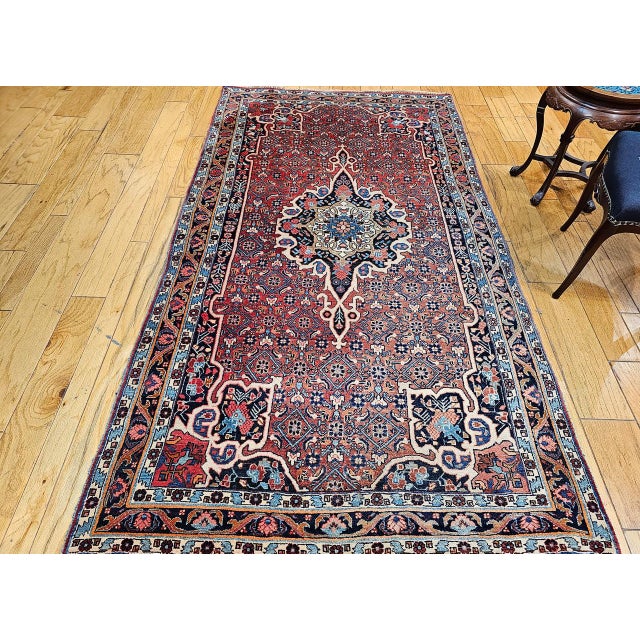 Persian Vintage Persian Bidjar Gallery Rug, Hand-Knotted Wool, Geometric Medallion Pattern, Red & Navy, 5x9 For Sale - Image 3 of 17