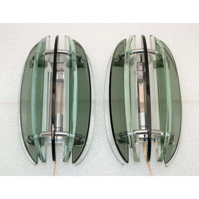 Italian Smoke Clear Green Glass Sconces by Veca Mid-Century Modern 1970 - Pair For Sale - Image 12 of 13