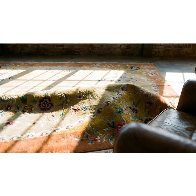 1920s Tan Camel Floral Modern Antique Art Deco Chinese Rug 8'10" X 11'8" Handknotted Wool Carpet For Sale In New York - Image 6 of 7