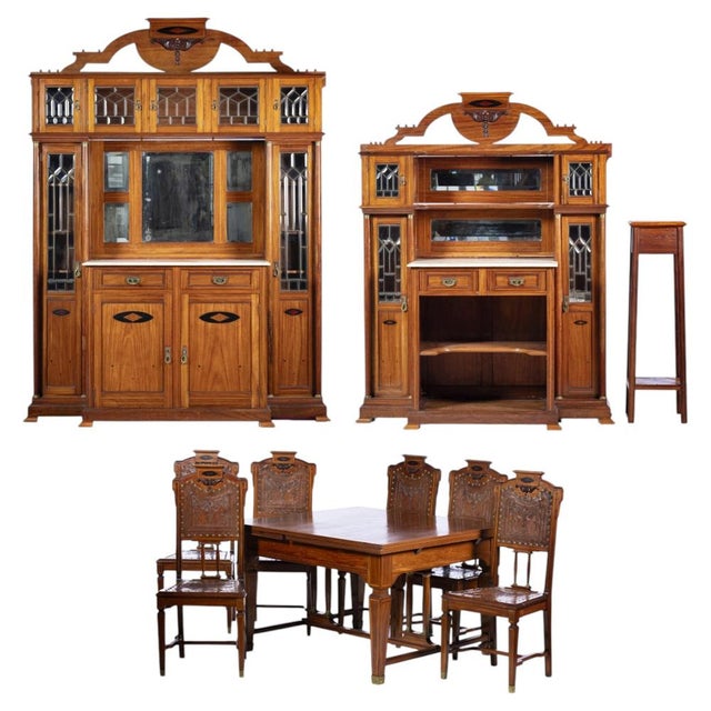 Wood Art Nouveau Dining Room Furniture, 1920s, Set of 10 For Sale - Image 7 of 7