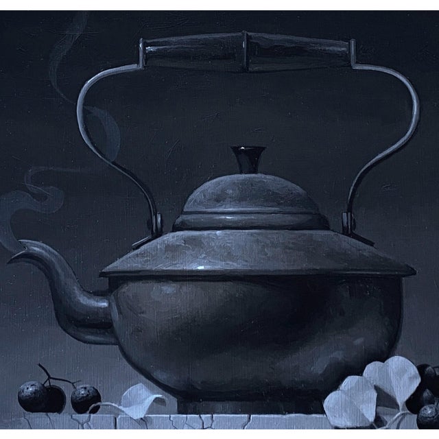 Early 21st Century Achromatic by Blair Atherholt | Oil on Panel Still life of a black kettle with smoke and fruit For Sale - Image 5 of 5