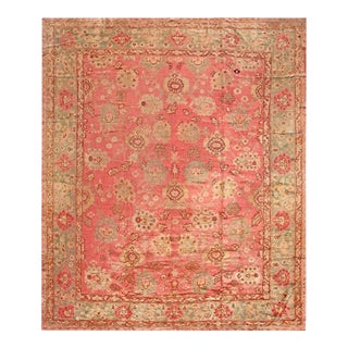 1930s Rose-Teal Green Large Scale Arts and Crafts Antique Turkish Oushak Rug 13'10" X 16'8" Handknotted Wool Carpet For Sale