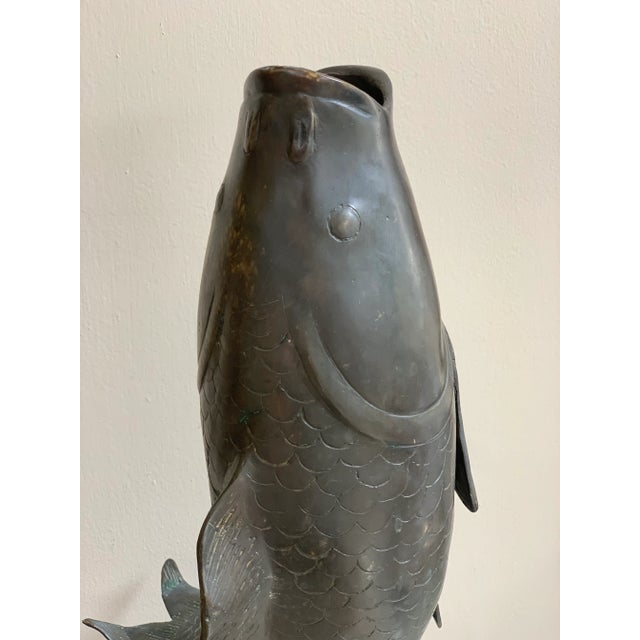 Metal Large Asian Brass Jumping Fish Koi Vase For Sale - Image 7 of 10