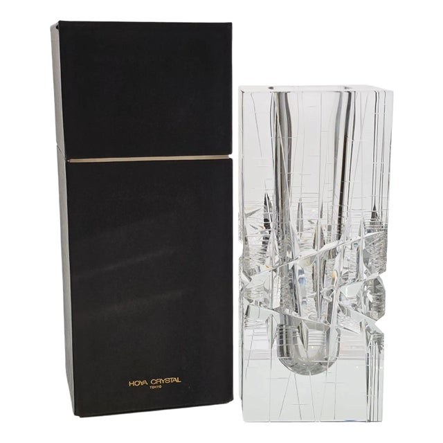 Fumio Sasa for Hoya Crystal “Ice Fall” Faceted Vase With Original Box, Museum Collection For Sale