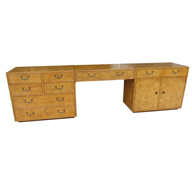 John Widdicomb burl kneehole credenza dresser. John Widdicomb mid century campaign style 3 piece credenza. Features 8...