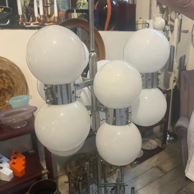 1960s Space Age Steel and Opaline Glass 10 Lights Italian Chandelier For Sale - Image 10 of 17