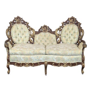 Hausske-Harlen 1981 Rococo Revival Carved Wood & Gilt Triple-Back Loveseat For Sale