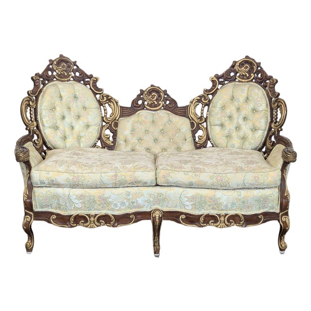 Hausske-Harlen 1981 Rococo Revival Carved Wood & Gilt Triple-Back Loveseat For Sale
