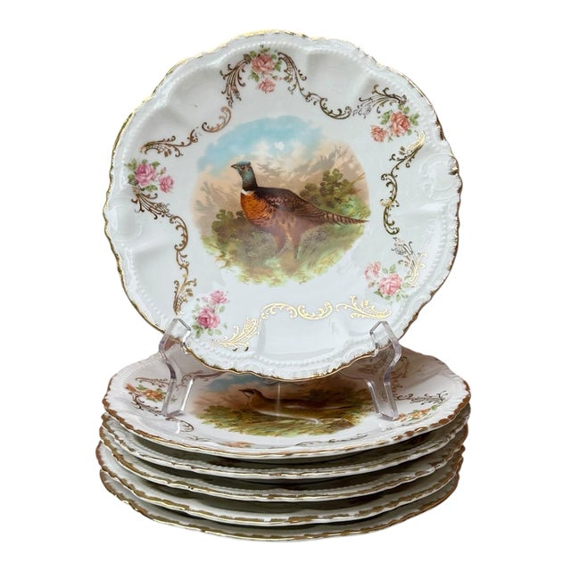 Antique German Bavarian Porcelain Game Bird 9” Plates - Set of 6 For Sale
