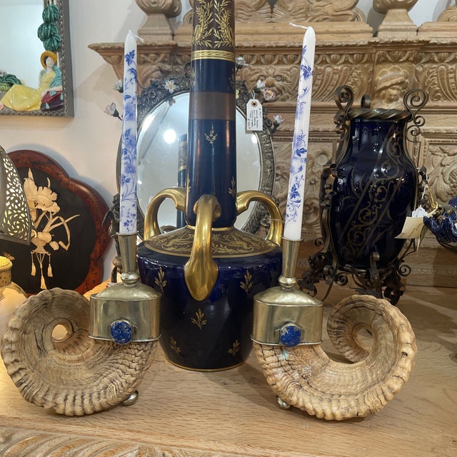 Mid 20th Century Pair of Ram Horns, Metal Lapis Lazuli Candlesticks For Sale - Image 10 of 12