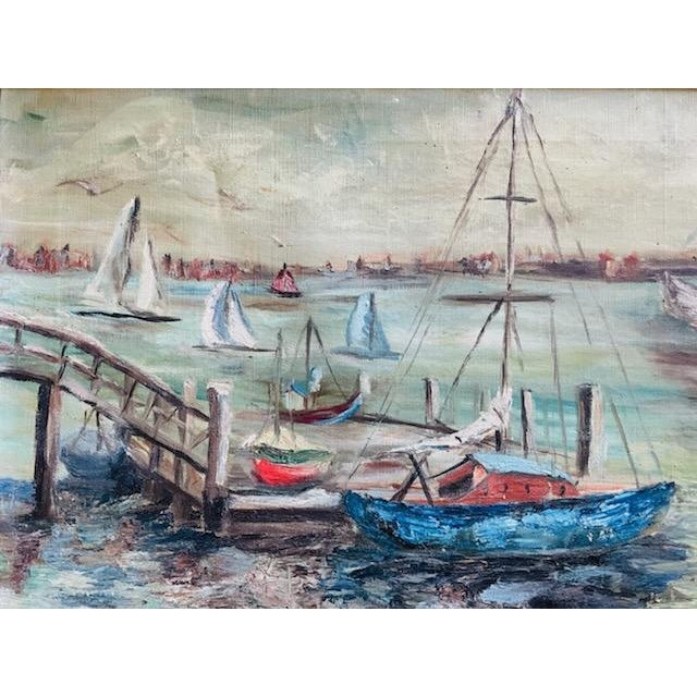 Inspiring Marine, sailboats in colors and textures. Signed oil on canvas by M. Morton. The art is kissed by contemporary...
