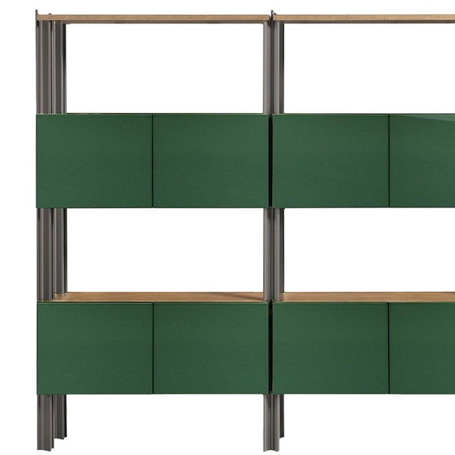 Defined by Robert Stadler's modular vision, this bookshelf pairs an extruded aluminum framework with green polished-...
