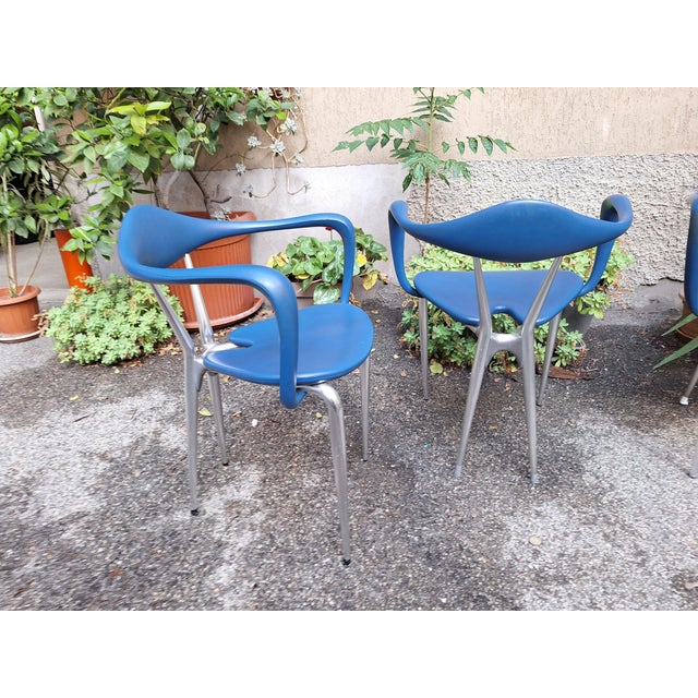 Vintage Armchairs in Aluminum and Blue Foam Material by Ferdinand Alexander Porsche for Ycami Edizioni, 1980s, Set of 4 For Sale - Image 10 of 13
