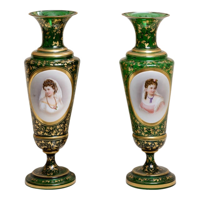 Bohemian Green Glass With Painted Decoration Vases-a Pair For Sale