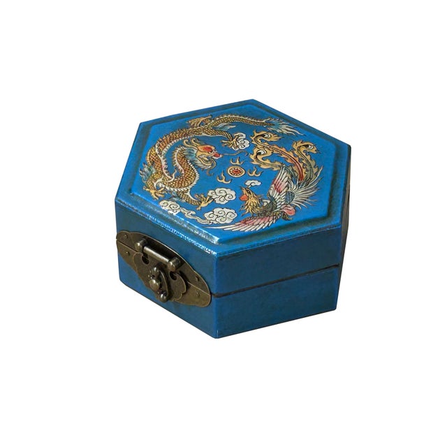 Asian Oriental Cerulean Blue Dragon Phoenix Graphic Hexagonal Container Box For Sale - Image 3 of 8