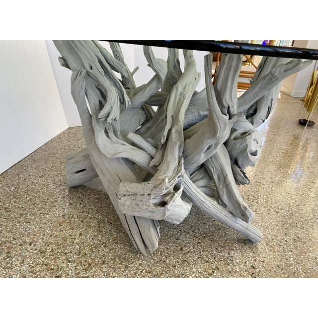 Wood Mid-Century Modern Driftwood Center Table Round Glass Top For Sale - Image 7 of 13