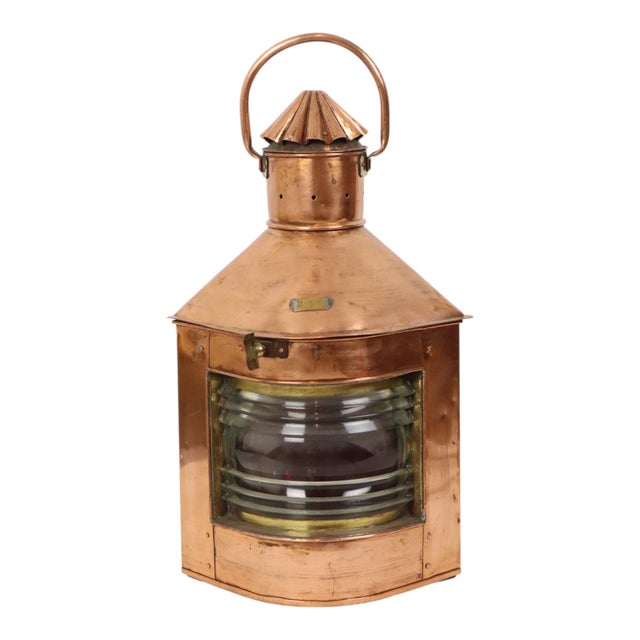 Large Vintage Ships Lamp in Red Copper with Fresnel Lens For Sale - Image 5 of 15