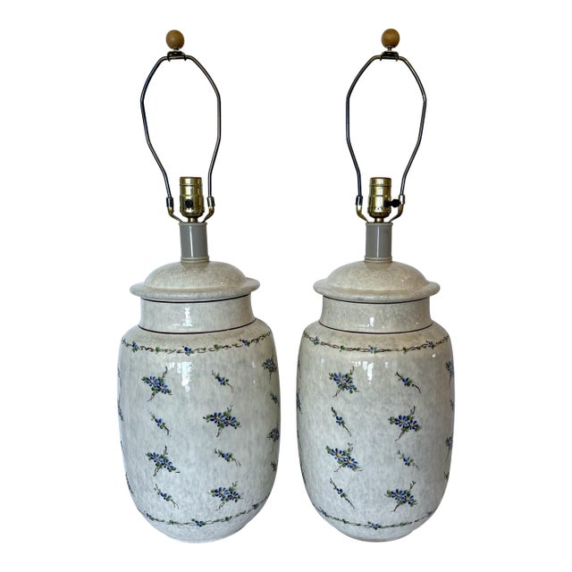 Vintage 1970s Blue and Beige Cottage Chic Ceramic Ginger Jar Table Lamps - a Pair For Sale
