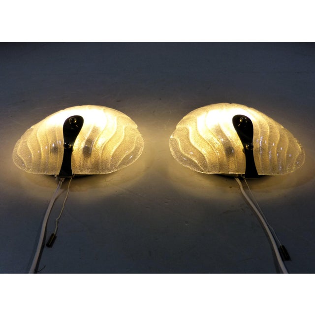 Set of 2 beautiful glass wall lamps by hillebrand, germany. brass wall and shade fastenings, thick murano glass shell-...