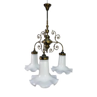 Three-Light Liberty Style Pendant Light in Opal Glass, 1960 For Sale