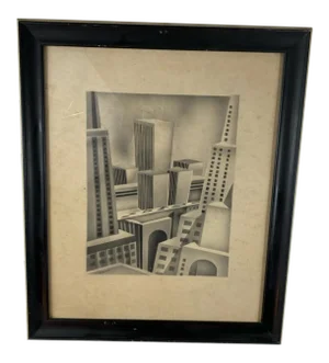 1930s Signed Art Deco Futurist City Black and White Watercolor