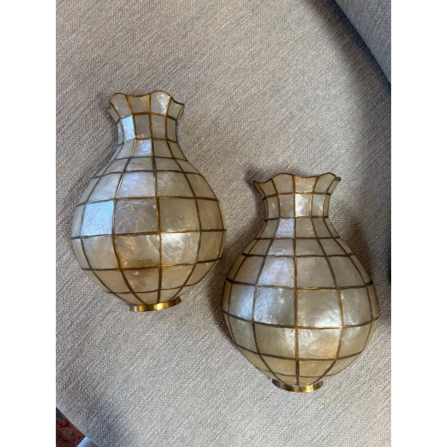 Pair of Capiz Shell and Brass Wall Sconces Large, 1970s For Sale - Image 9 of 10