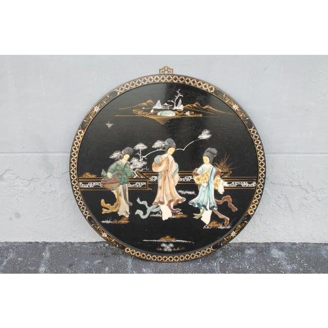 Black 1940s Asian Chinoiserie Hand Crafted Black Lacquered and Painted Wall Art For Sale - Image 8 of 8