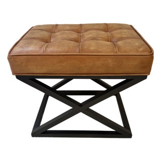 Pottery Barn Tufted, Brown Leather Stools – Kirkham in Rich Brown - 2 For Sale