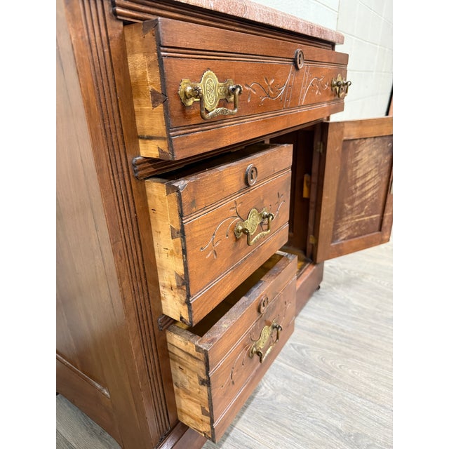 Antique Victorian Eastlake Style Walnut and Marble Top Cabinet Commode Washstand For Sale - Image 9 of 15